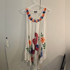 Pineapple Vibrant Floral Tunic Dress/Beach Cover - White with Flamingo